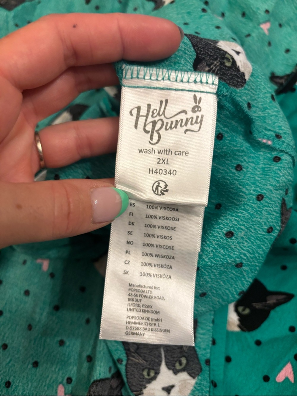 Hell Bunny Love Cat Face Lady Mini Dress White Collar Black Bow Smocked Teal 2XL - Picture 9 of 10